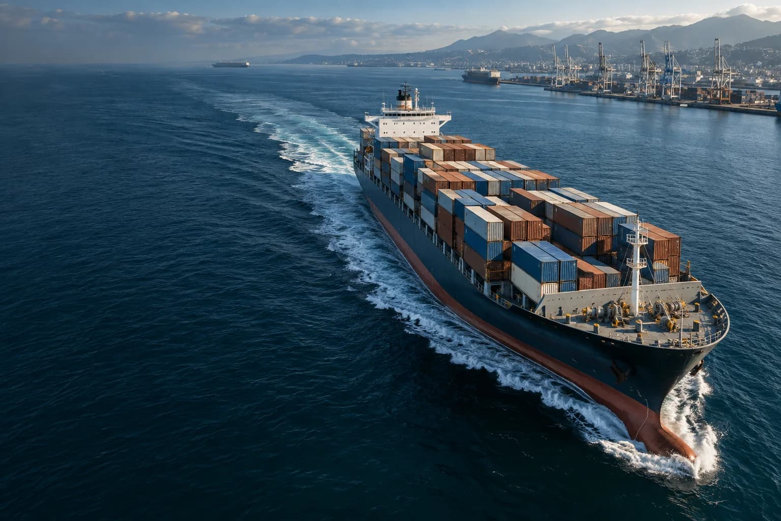 Barco de carga en un puerto internacional. Imagen ilustrativa.