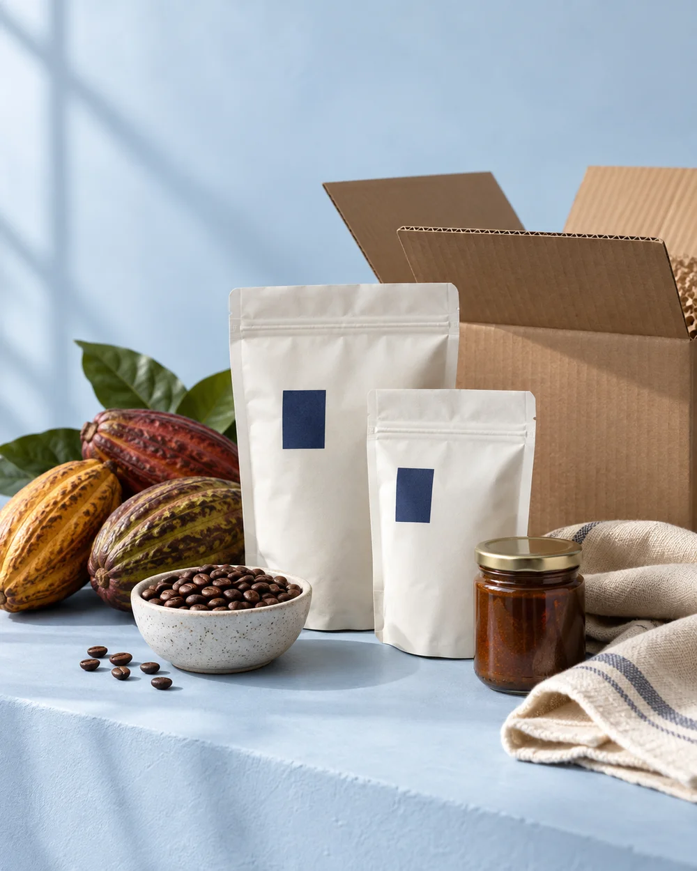 Café, cacao y productos empacados listos para comercializar. Composición ilustrativa.